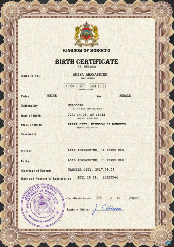 Download Morocco vital record birth certificate PSD template Photoshop template